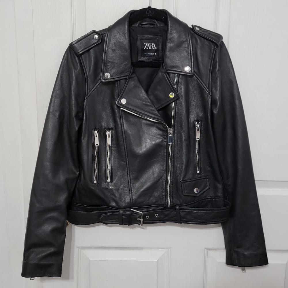 Zara 100% Sheepskin Black Leather Moto Biker Jacket